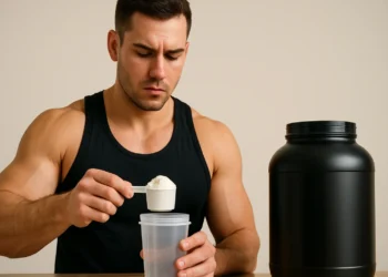 Homem medindo suplemento em pó para ganhar massa muscular, considerando alternativas ao whey.