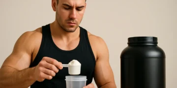 Homem medindo suplemento em pó para ganhar massa muscular, considerando alternativas ao whey.