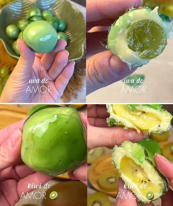 Uvas e kiwis preparados como morangos do amor, com cobertura brilhante
