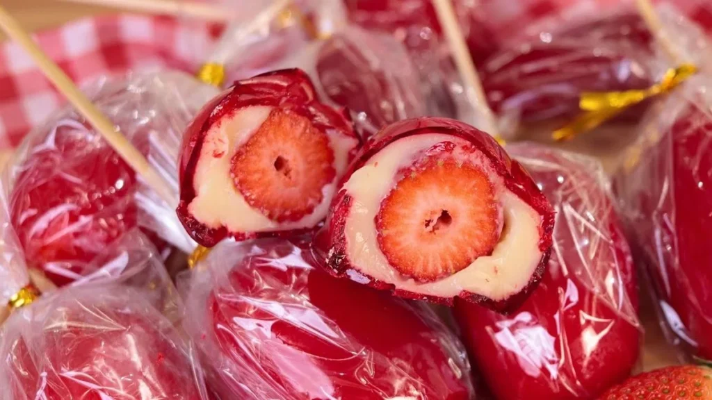 Morango do amor com recheio de creme, coberto com uma camada de açúcar brilhante, exibido de forma apetitosa.