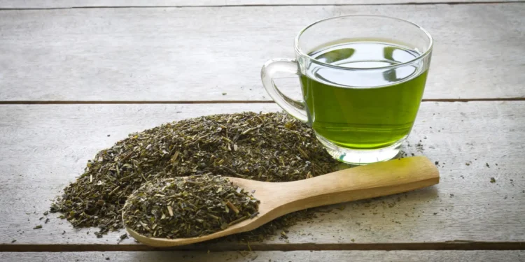 Chá natural verde em copo de vidro com folhas secas ao lado, símbolo de emagrecimento e saúde.