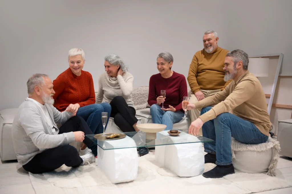 Grupo de amigos mais velhos sorrindo e se divertindo juntos, em um encontro social descontraído.