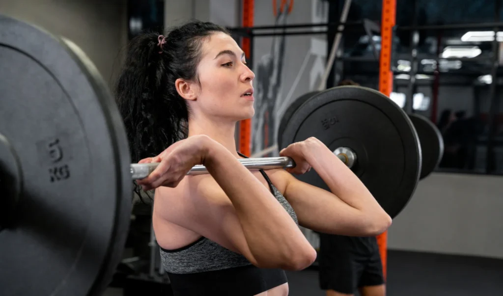 Mulher malhando com pesos em academia, executando levantamento de barra, focada no treino para ganho de força muscular.