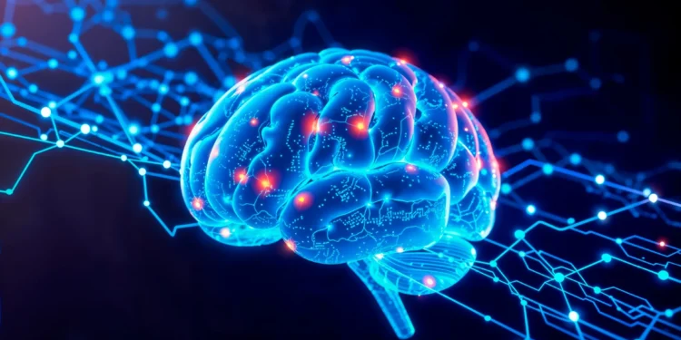 Imagem conceitual representando um cérebro saudável com redes neurais, associada à cibersegurança e saúde cerebral após os 50 anos.