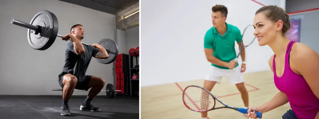 Pessoas praticando CrossFit e jogando Squash, ambos os esportes que ajudam no emagrecimento.