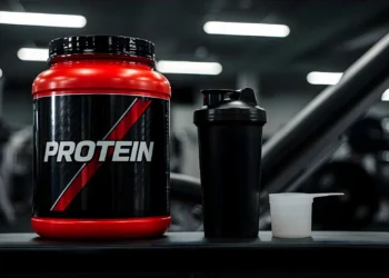Pote de Whey Protein, shaker e medida em uma mesa de academia, ilustrando os efeitos colaterais do consumo excessivo de proteína.