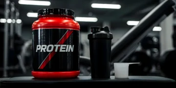 Pote de Whey Protein, shaker e medida em uma mesa de academia, ilustrando os efeitos colaterais do consumo excessivo de proteína.