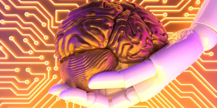 Cérebro humano metálico em mão robótica representando riscos da terapia com inteligência artificial.