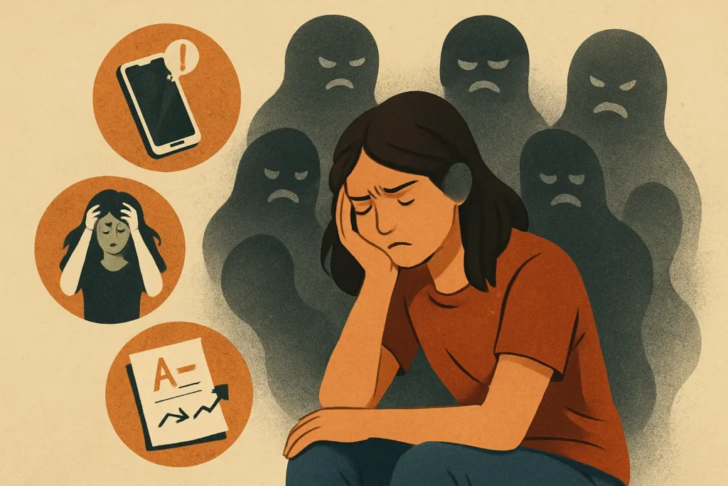 Jovem sobrecarregado por pressão escolar, críticas internas e mensagens no celular.