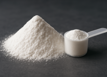 Pó branco de creatina ao lado de uma colher medidora, representando o suplemento popular entre atletas e praticantes de musculação.