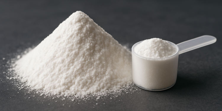 Pó branco de creatina ao lado de uma colher medidora, representando o suplemento popular entre atletas e praticantes de musculação.