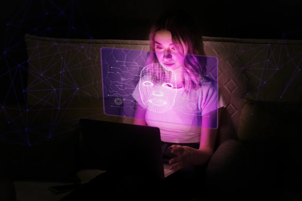 Análise visual de IA projetada diante de uma jovem usando laptop, ilustrando estudo sobre vieses que associam mulheres à juventude e homens a status e senioridade.