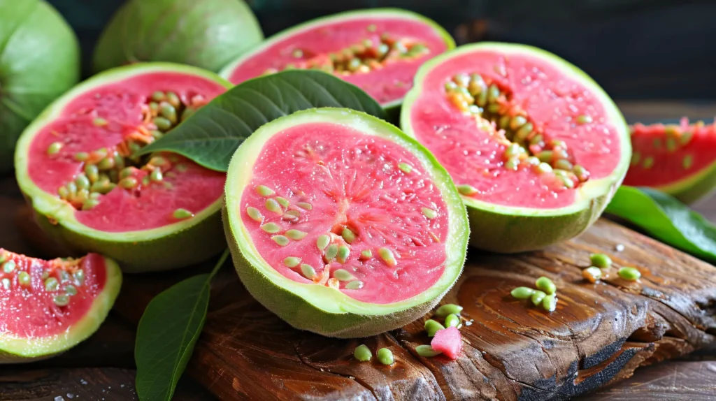 Goiaba fresca cortada, com polpa rosa e sementes visíveis, rica em vitamina C e fibras.