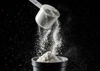 Poça de pó de proteína sendo despejada de uma colher sobre um recipiente.