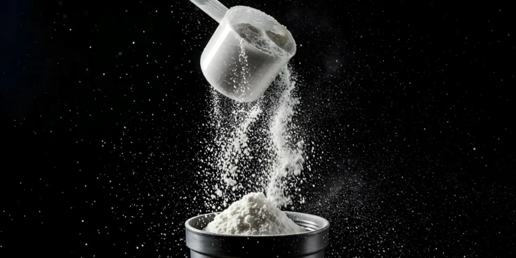 Poça de pó de proteína sendo despejada de uma colher sobre um recipiente.